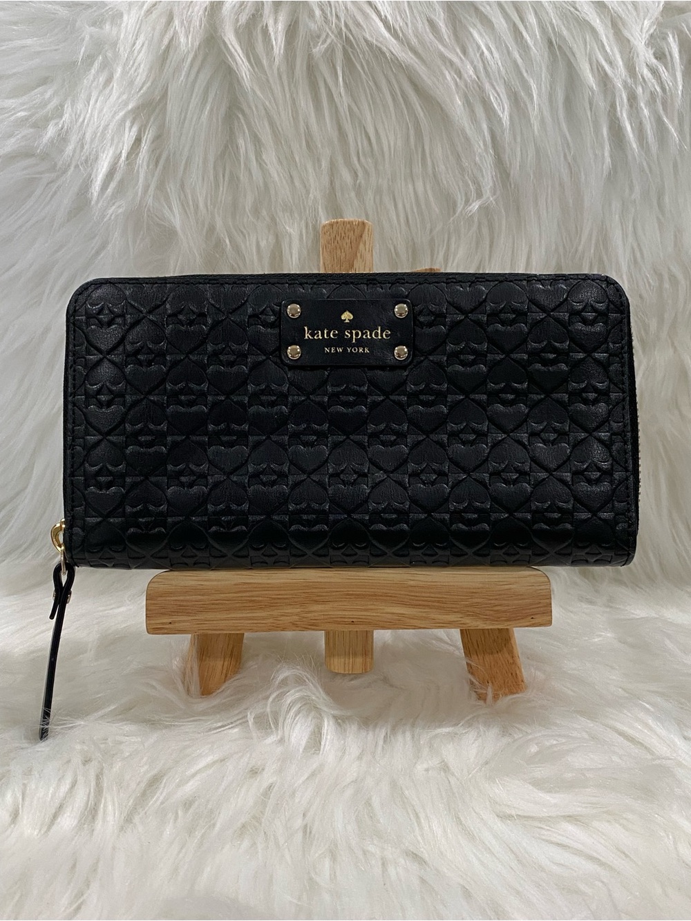 kate spade Black Leather Embossed Zip Wallet with Gold Accents